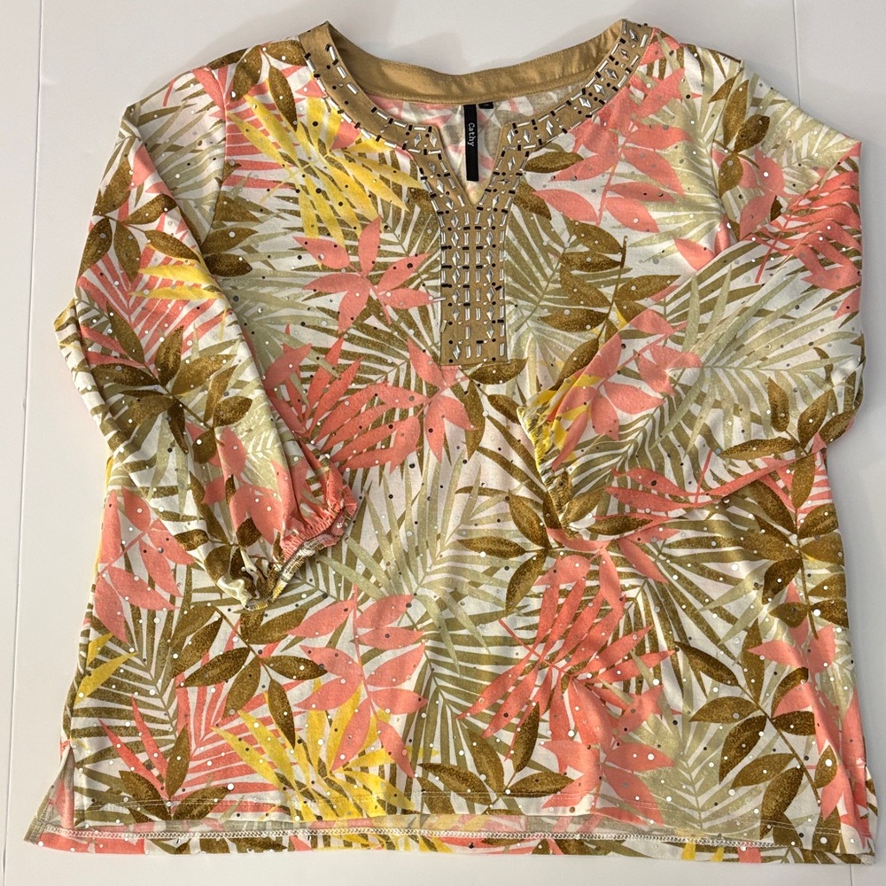 Tropical Beaded-Trim Women's Tunic Top in Coral, Olive & Cream